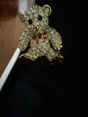 Crystal Teddy Bear Brooch - Gold Tone with Red Bow